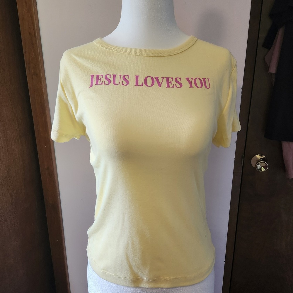 Fashion Nova Jesus Loves You T Shirt Yellow Pink Women's 1X Runs Extremely Small